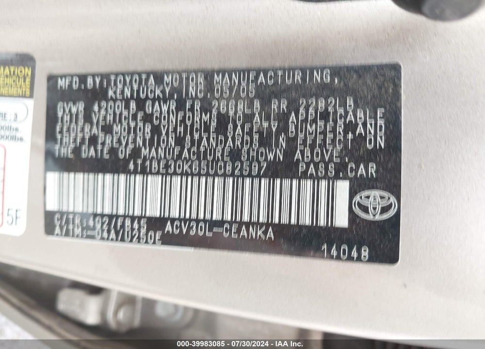 2005 TOYOTA CAMRY LE VIN: 4T1BE30K65U082597