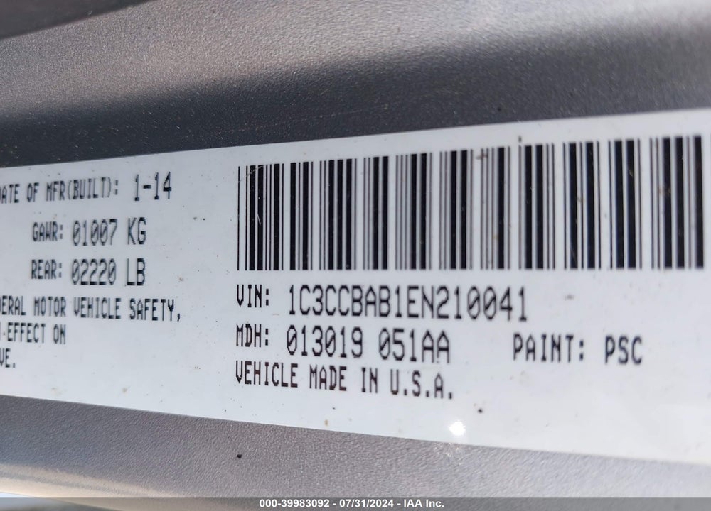 2014 CHRYSLER 200 LX VIN: 1C3CCBAB1EN210041