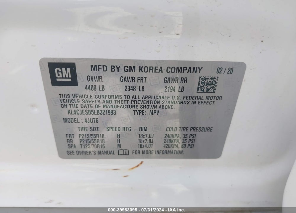 2020 BUICK ENCORE AWD PREFERRED VIN: KL4CJESB5LB321993