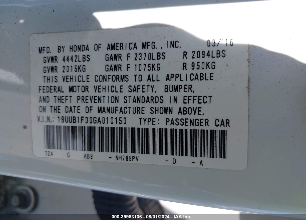 2016 ACURA TLX VIN: 19UUB1F30GA010150
