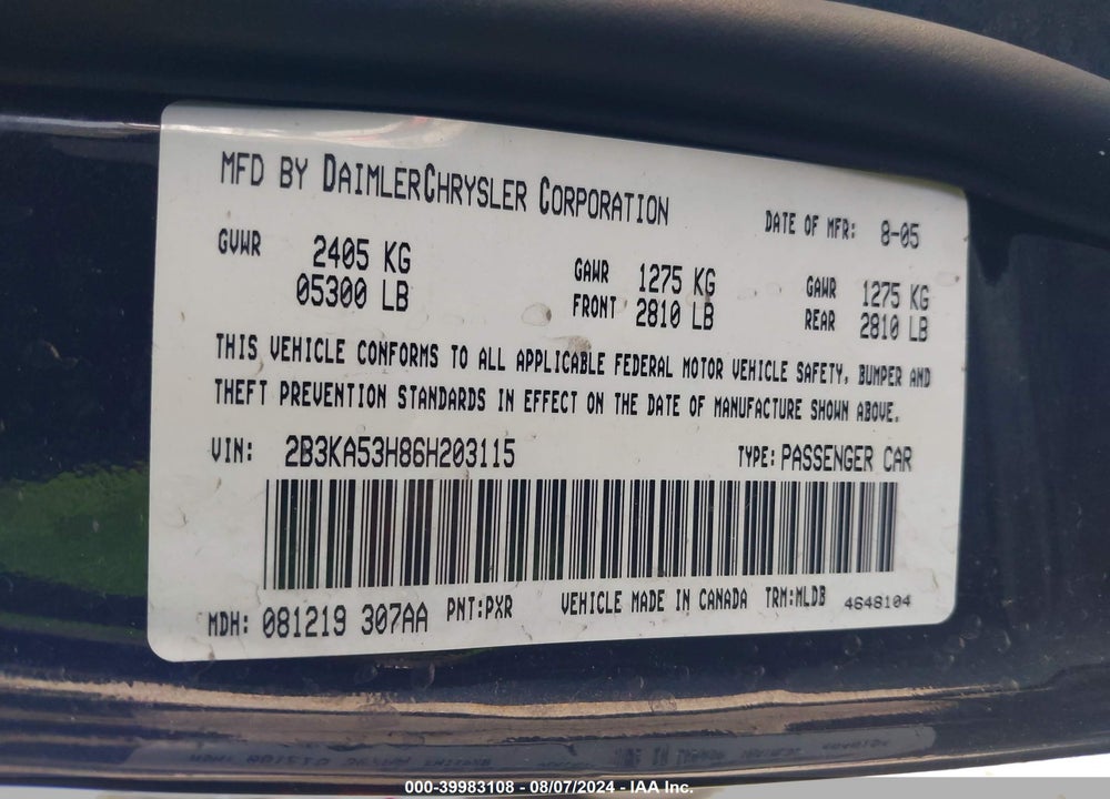 2006 DODGE CHARGER RT VIN: 2B3KA53H86H203115
