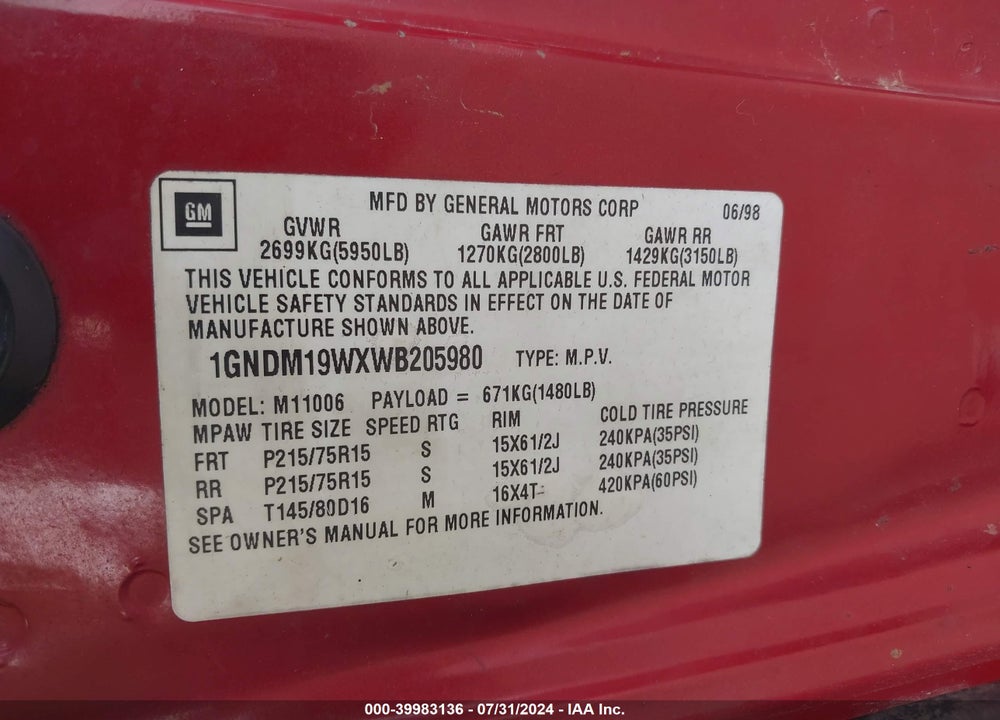 1998 CHEVROLET ASTRO VIN: 1GNDM19WXWB205980