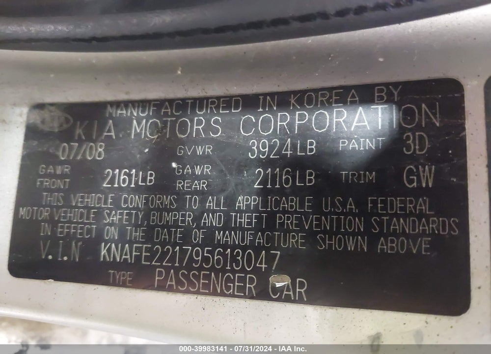 2009 KIA SPECTRA EX VIN: KNAFE221795613047
