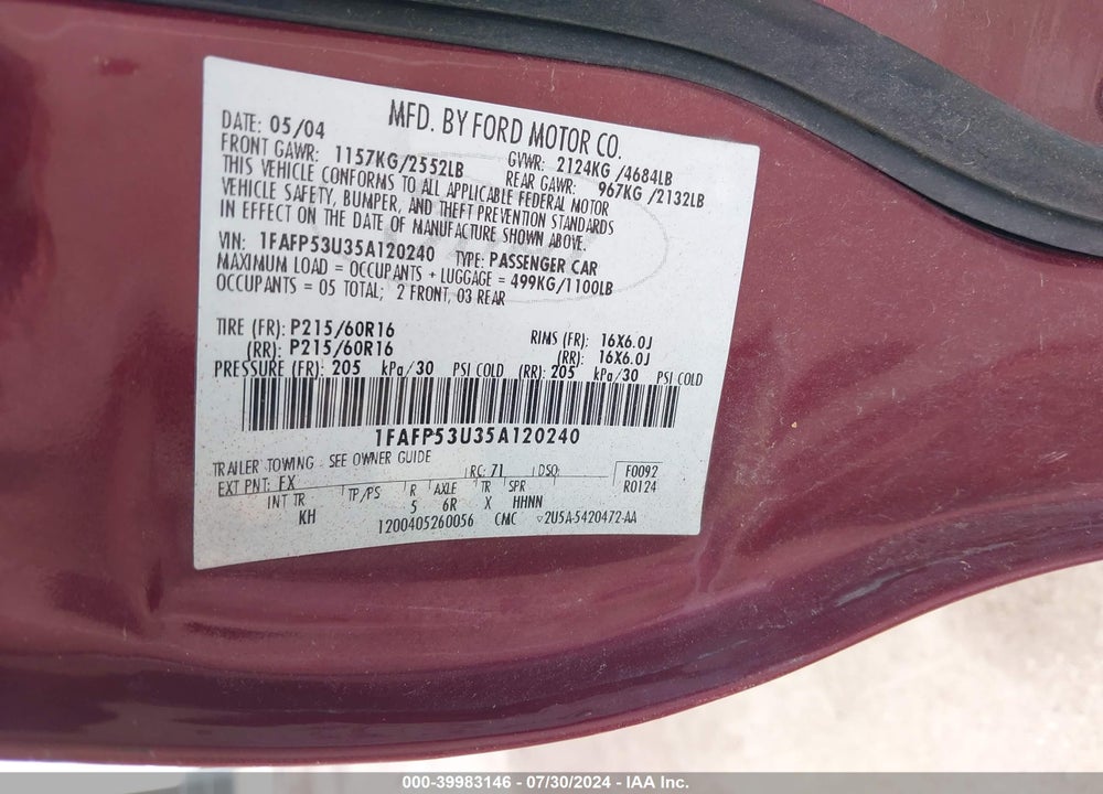 2005 FORD TAURUS SE VIN: 1FAFP53U35A120240