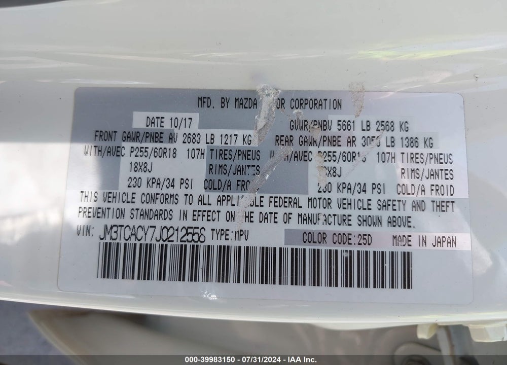 2018 MAZDA CX-9 TOURING VIN: JM3TCACY7J0212558