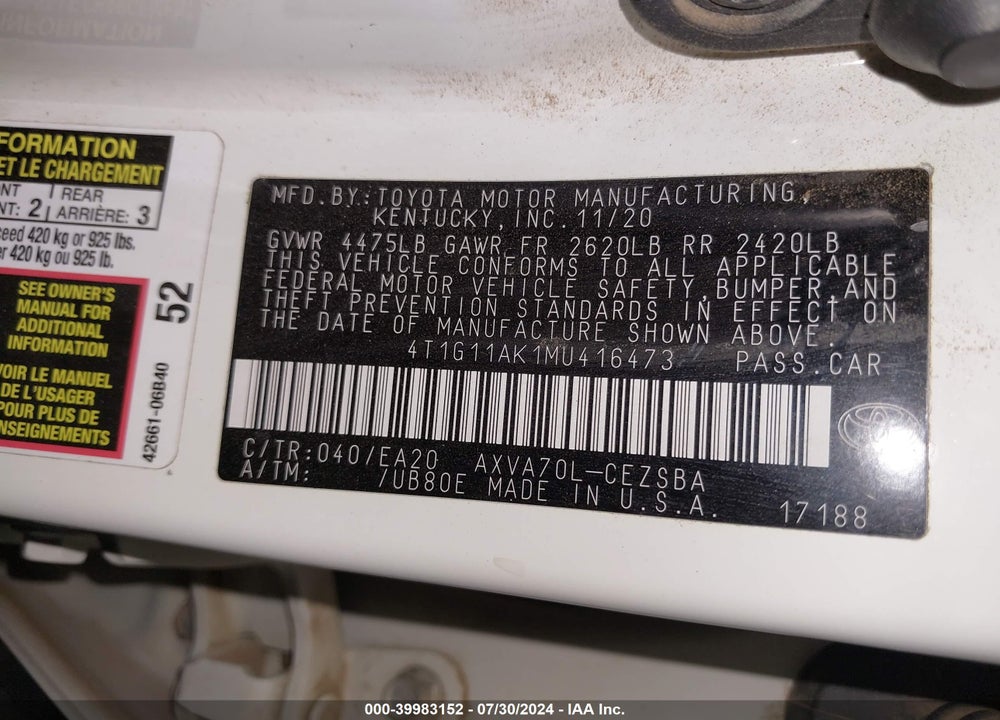 2021 TOYOTA CAMRY SE VIN: 4T1G11AK1MU416473