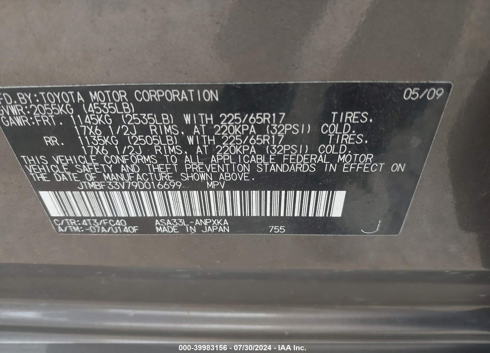 2009 TOYOTA RAV4 VIN: JTMBF33V79D016699