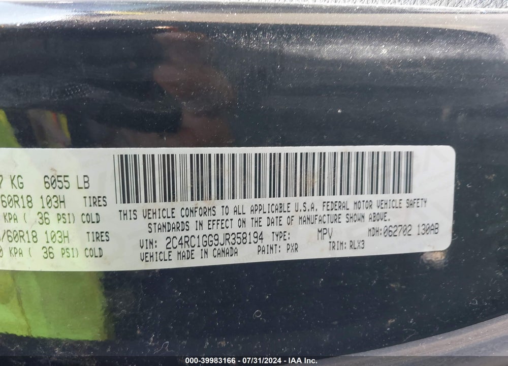 2018 CHRYSLER PACIFICA LIMITED VIN: 2C4RC1GG9JR358194