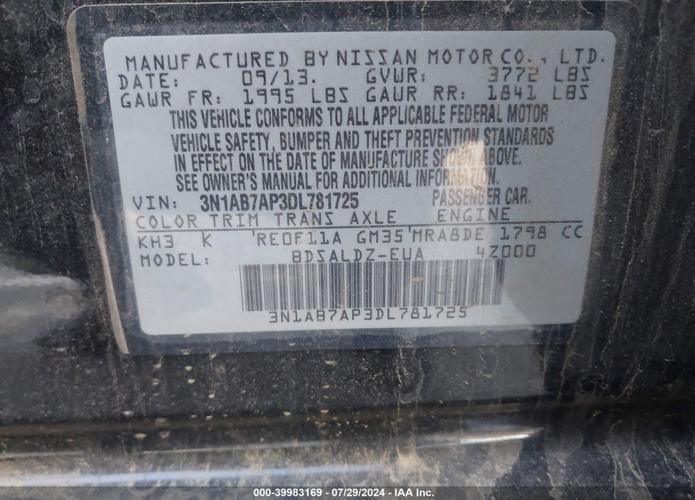2013 NISSAN SENTRA SV VIN: 3N1AB7AP3DL781725