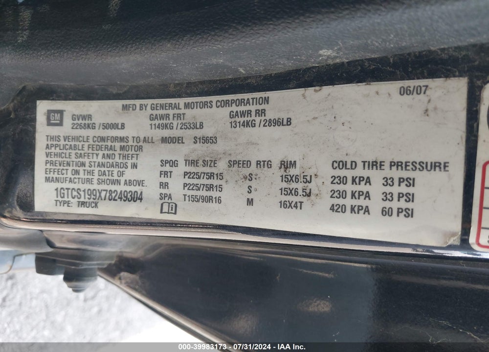 2007 GMC CANYON SLE1 VIN: 1GTCS199X78249304