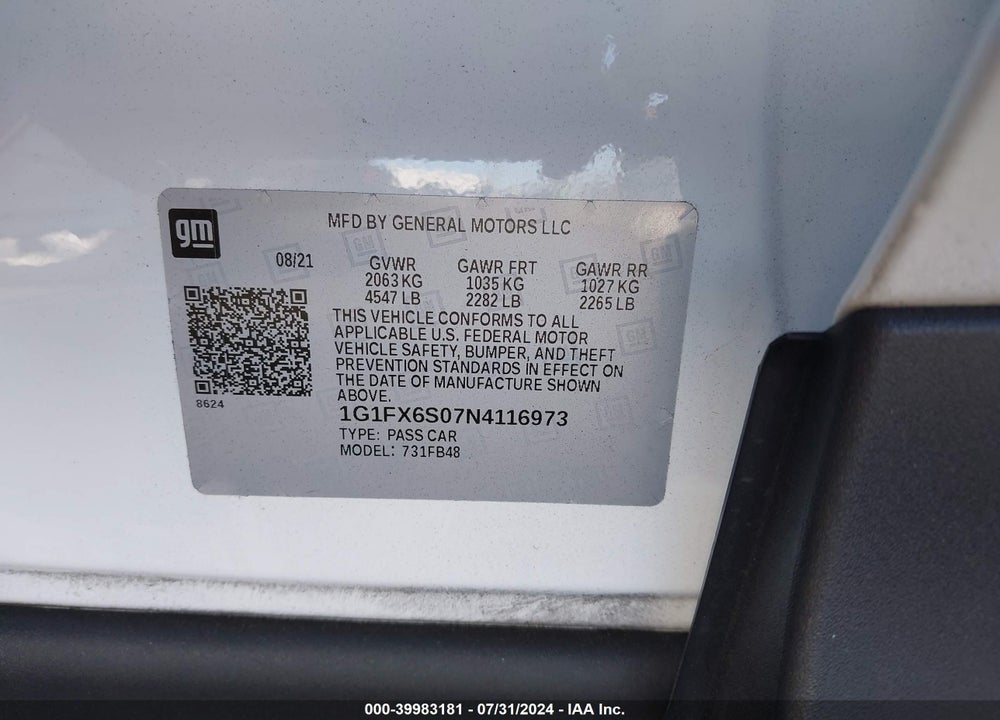 2022 CHEVROLET BOLT EV FWD 2LT VIN: 1G1FX6S07N4116973