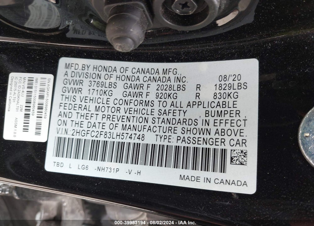 2020 HONDA CIVIC SPORT VIN: 2HGFC2F83LH574748