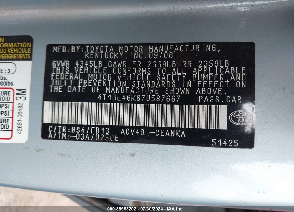 2007 TOYOTA CAMRY LE VIN: 4T1BE46K67U587667