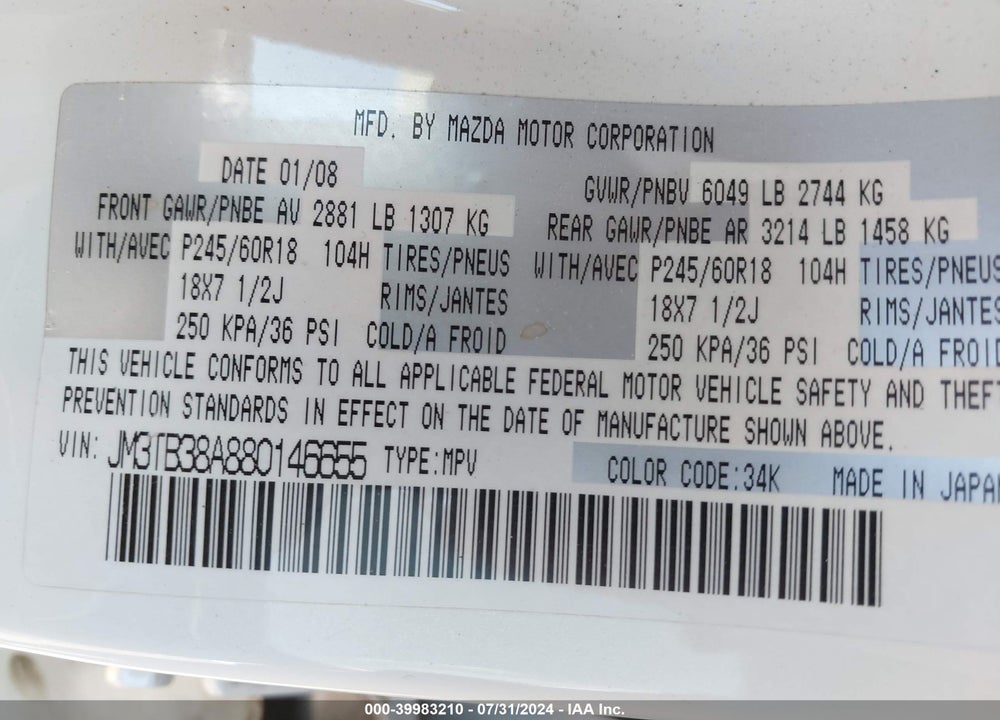 2008 MAZDA CX-9 TOURING VIN: JM3TB38A880146655