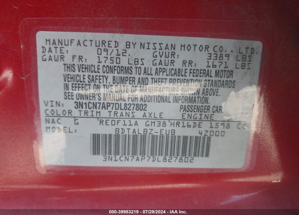 2013 NISSAN VERSA 1.6 SV VIN: 3N1CN7AP7DL827802