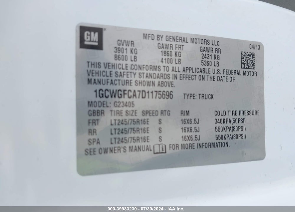 2013 CHEVROLET EXPRESS 2500 WORK VAN VIN: 1GCWGFCA7D1175696