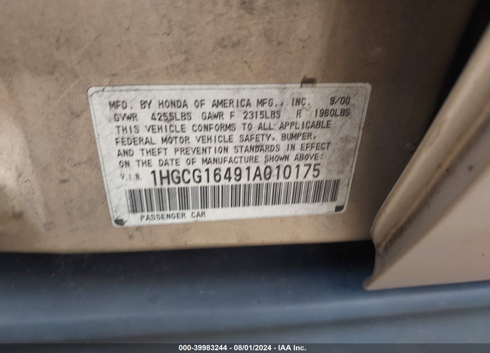 2001 HONDA ACCORD 3.0 LX VIN: 1HGCG16491A010175