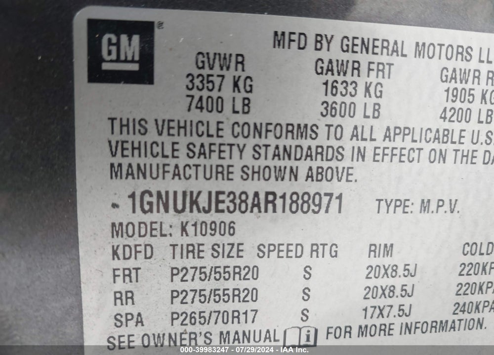 2010 CHEVROLET SUBURBAN 1500 LT1 VIN: 1GNUKJE38AR188971