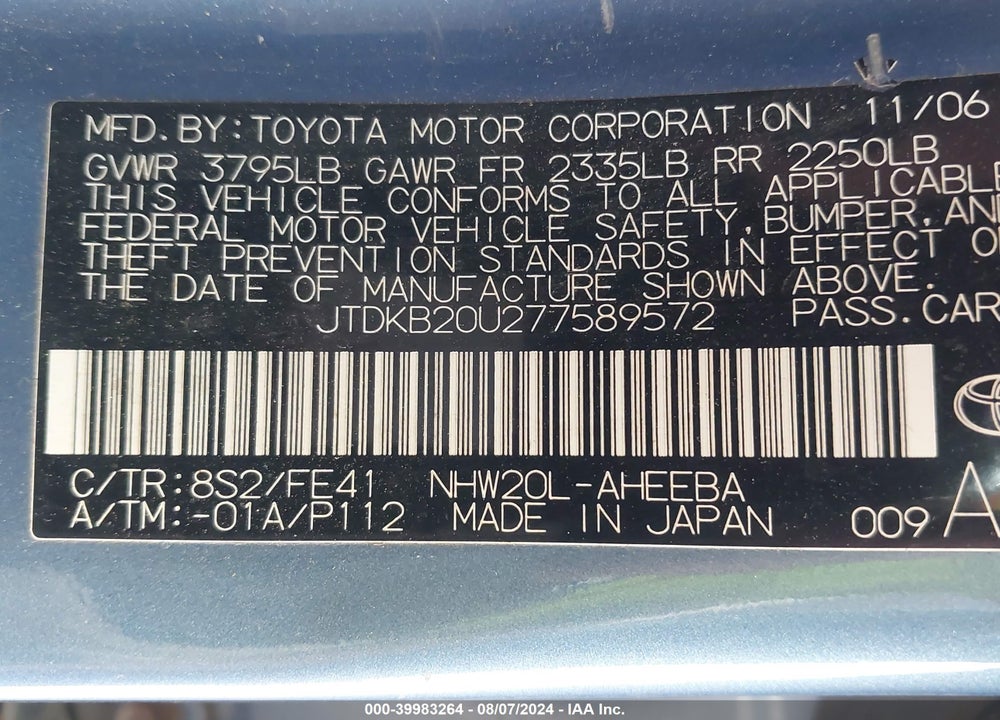 2007 TOYOTA PRIUS VIN: JTDKB20U277589572