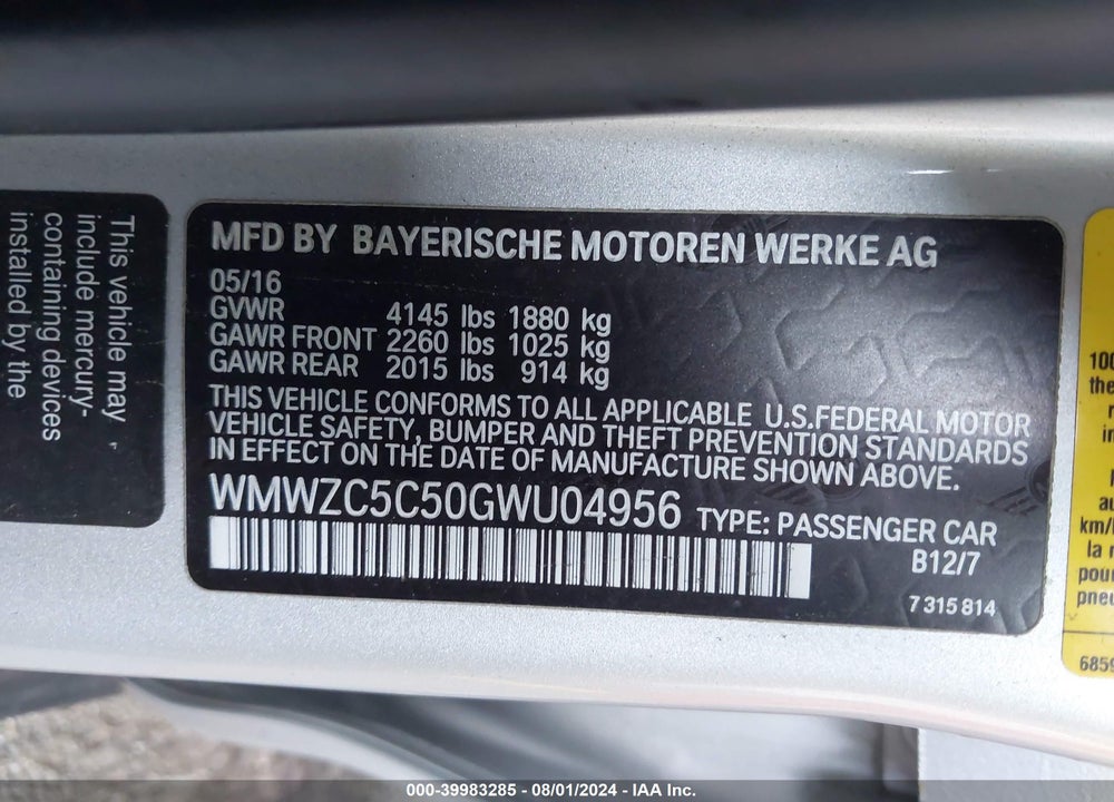 2016 MINI COUNTRYMAN COOPER S VIN: WMWZC5C50GWU04956