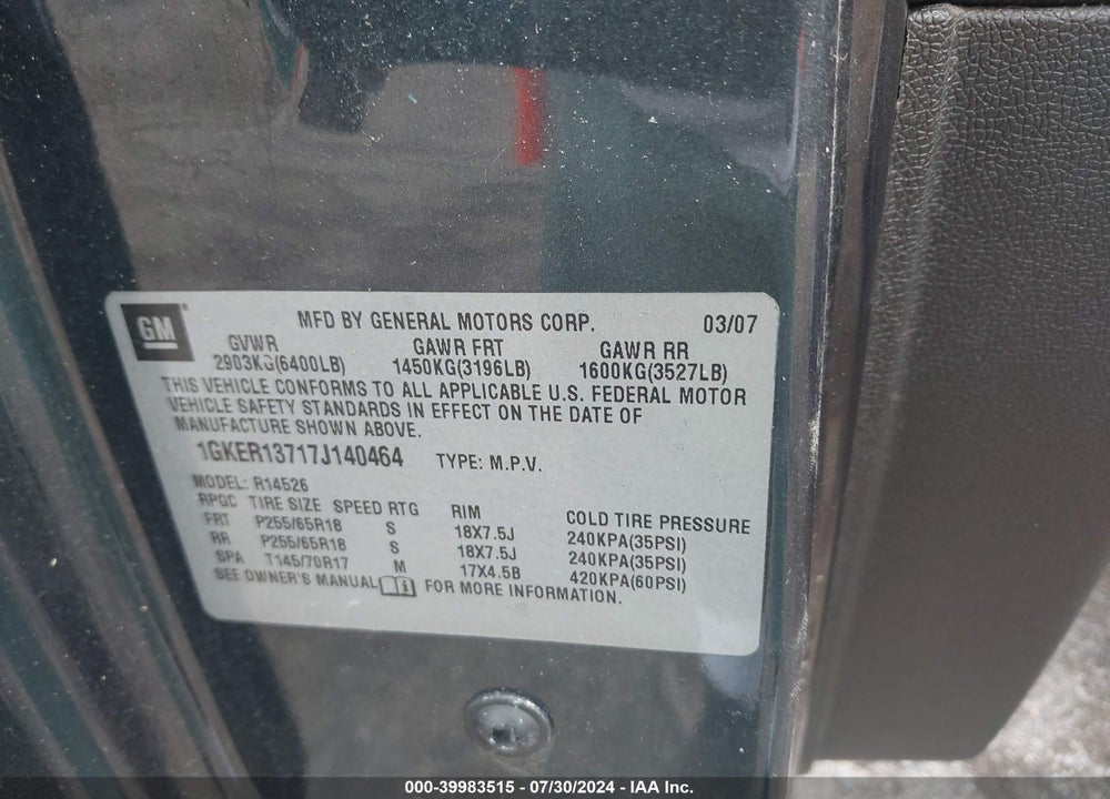 2007 GMC ACADIA SLE-1 VIN: 1GKER13717J140464