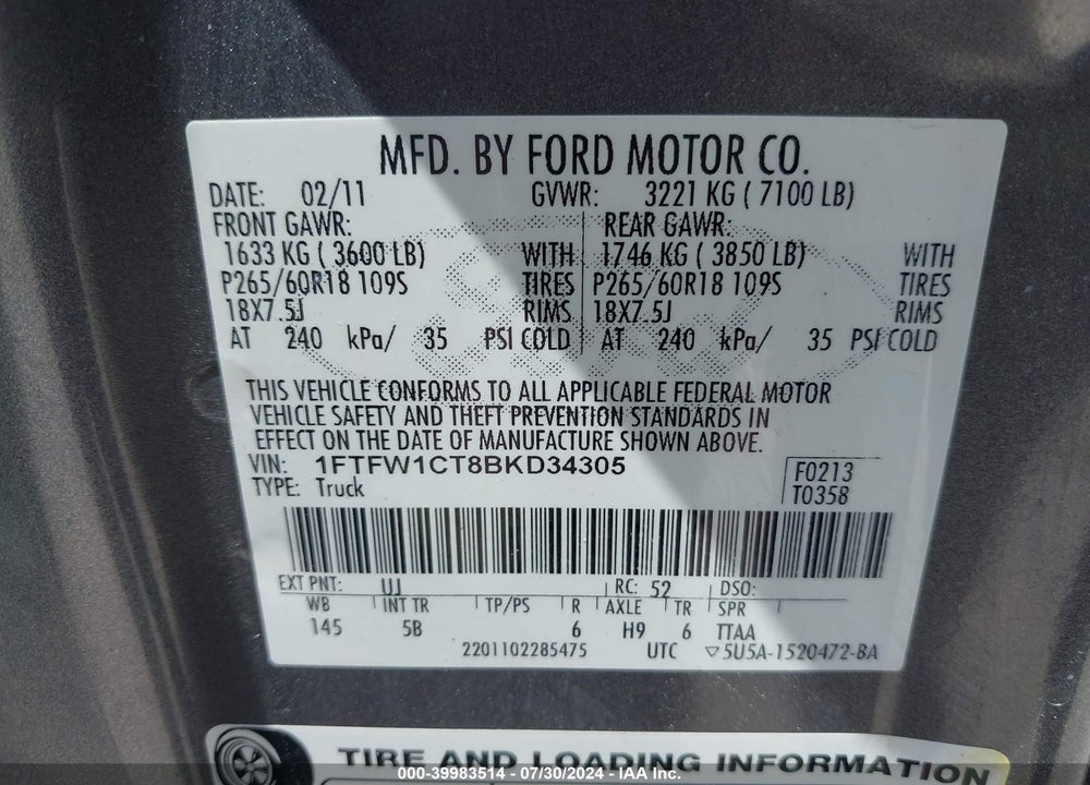 2011 FORD F-150 FX2 VIN: 1FTFW1CT8BKD34305