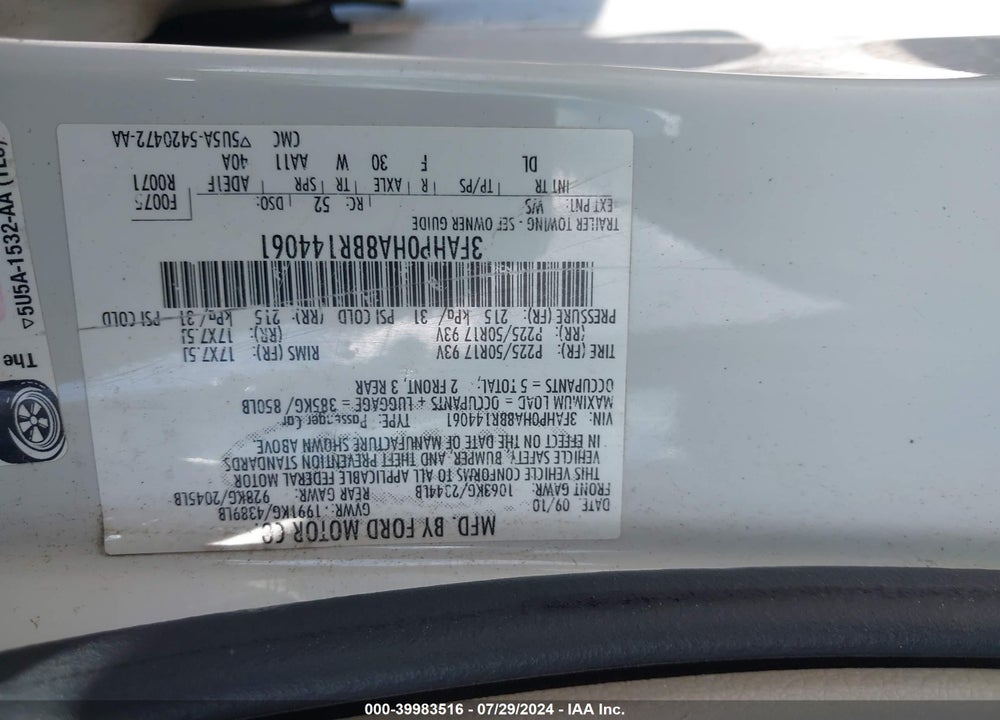 2011 FORD FUSION SE VIN: 3FAHP0HA8BR144061