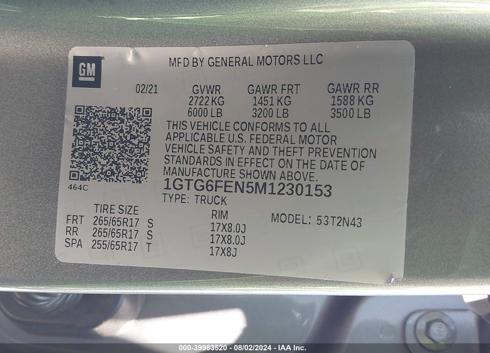 2021 GMC CANYON 4WD SHORT BOX AT4 - CLOTH VIN: 1GTG6FEN5M1230153