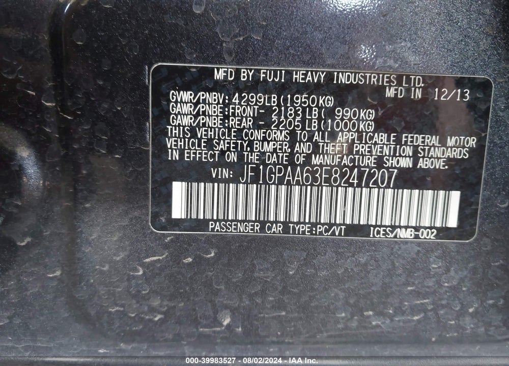2014 SUBARU IMPREZA 2.0I VIN: JF1GPAA63E8247207