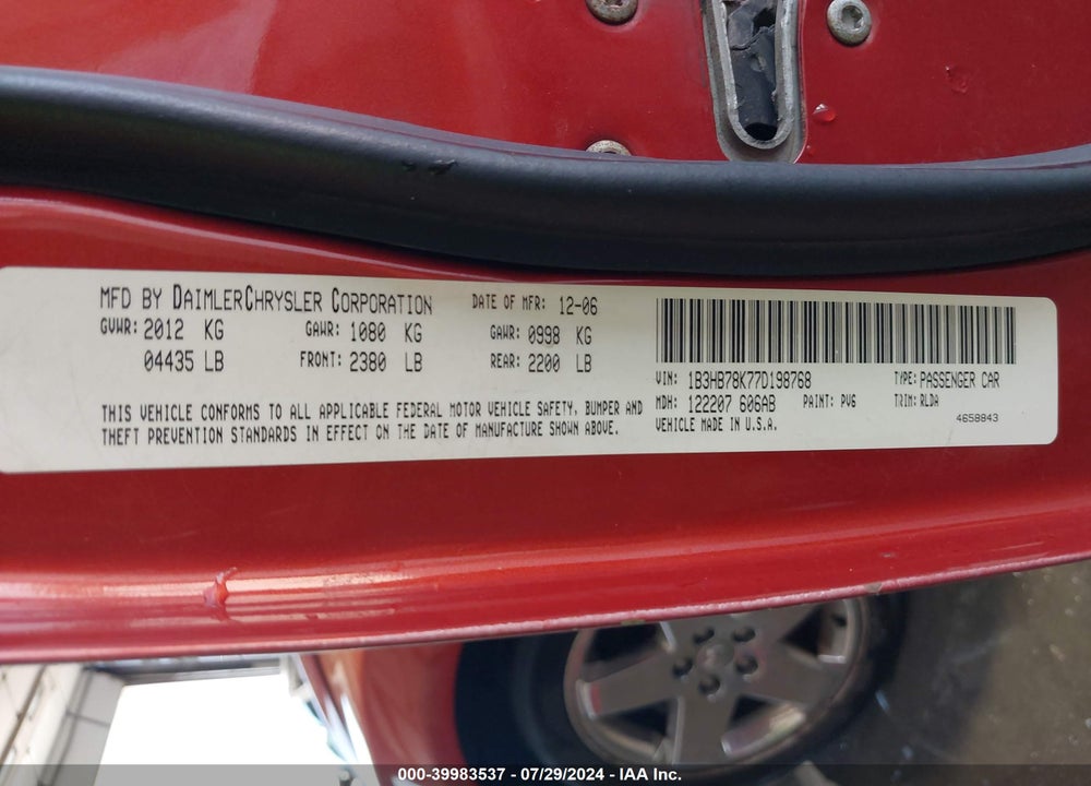 2007 DODGE CALIBER R/T VIN: 1B3HB78K77D198768