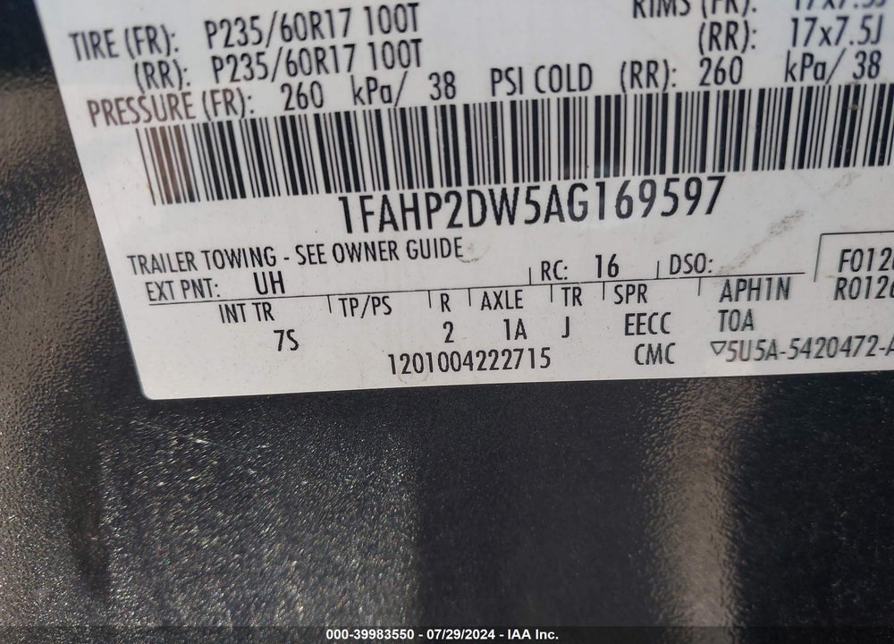 2010 FORD TAURUS SE VIN: 1FAHP2DW5AG169597