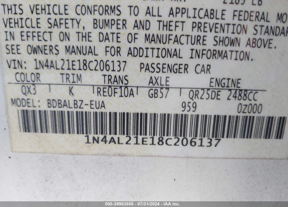 2008 NISSAN ALTIMA 2.5 S VIN: 1N4AL21E18C206137