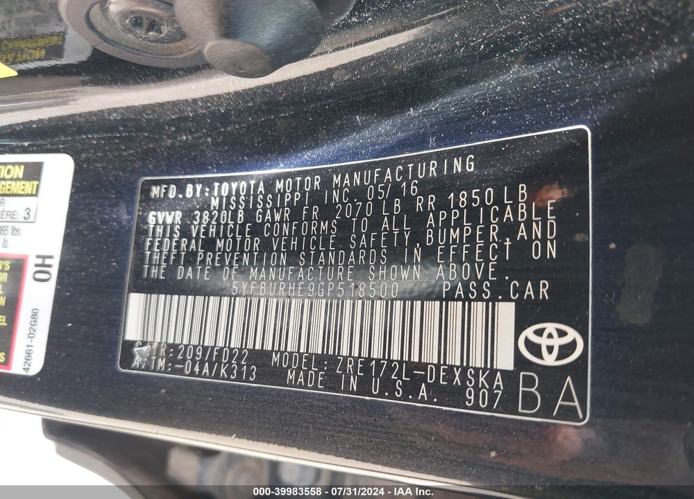 2016 TOYOTA COROLLA S PLUS VIN: 5YFBURHE9GP518500