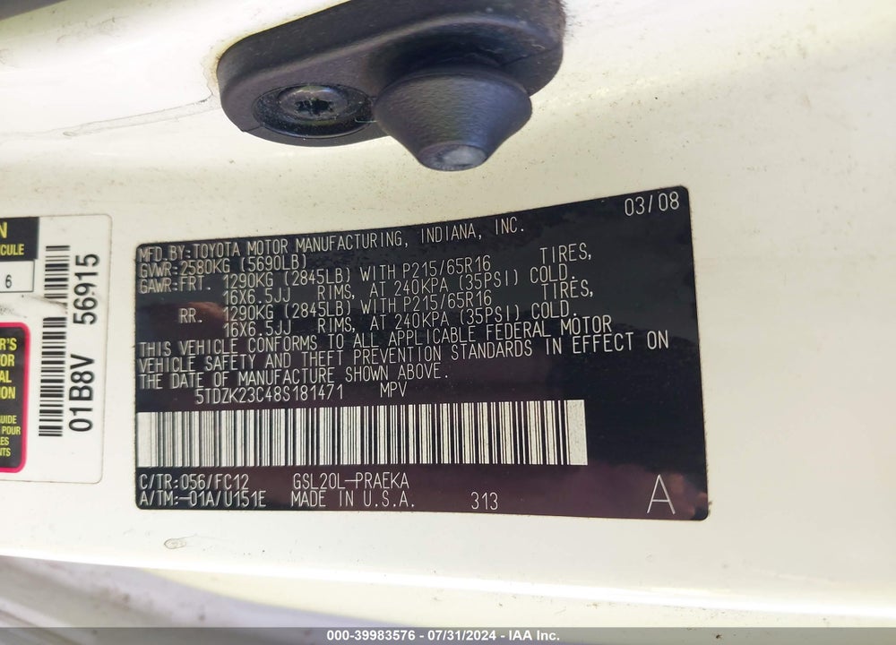 2008 TOYOTA SIENNA LE VIN: 5TDZK23C48S181471