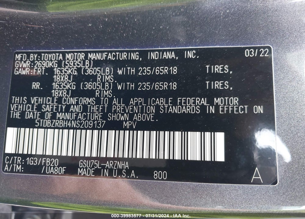 2022 TOYOTA HIGHLANDER LE VIN: 5TDBZRBH4NS209137