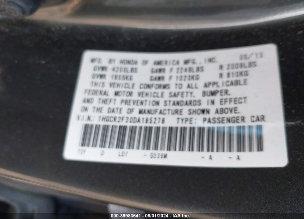 2013 HONDA ACCORD LX VIN: 1HGCR2F30DA185278