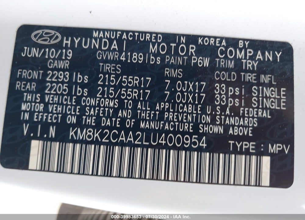 2020 HYUNDAI KONA SEL VIN: KM8K2CAA2LU400954