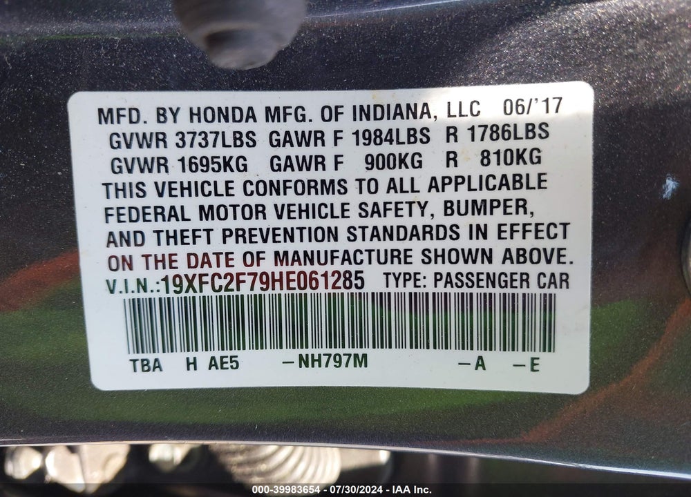 2017 HONDA CIVIC EX VIN: 19XFC2F79HE061285
