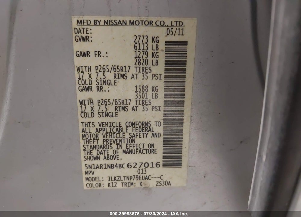 2011 NISSAN PATHFINDER SV VIN: 5N1AR1NB4BC627016