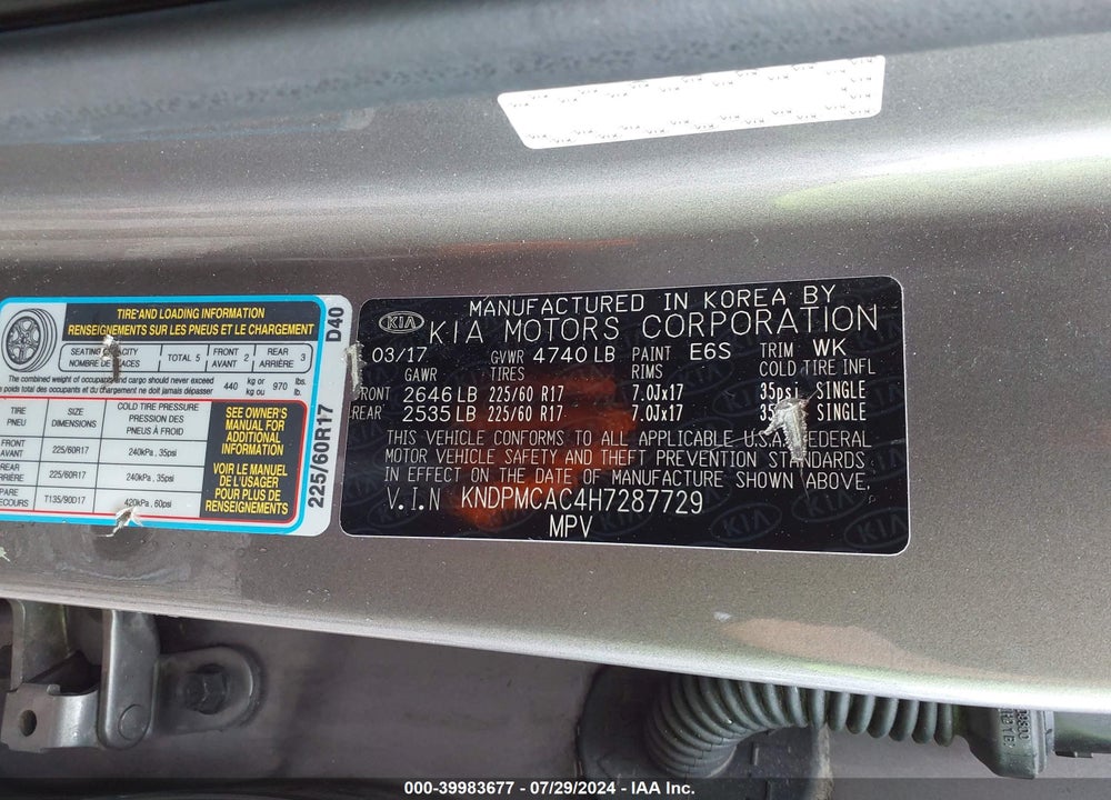 2017 KIA SPORTAGE LX VIN: KNDPMCAC4H7287729