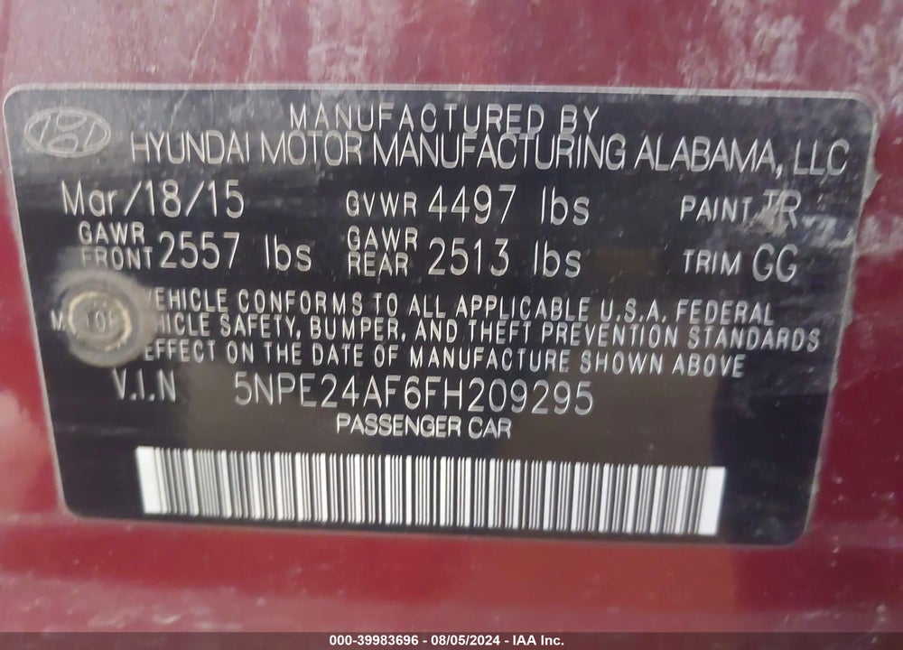 2015 HYUNDAI SONATA SE VIN: 5NPE24AF6FH209295
