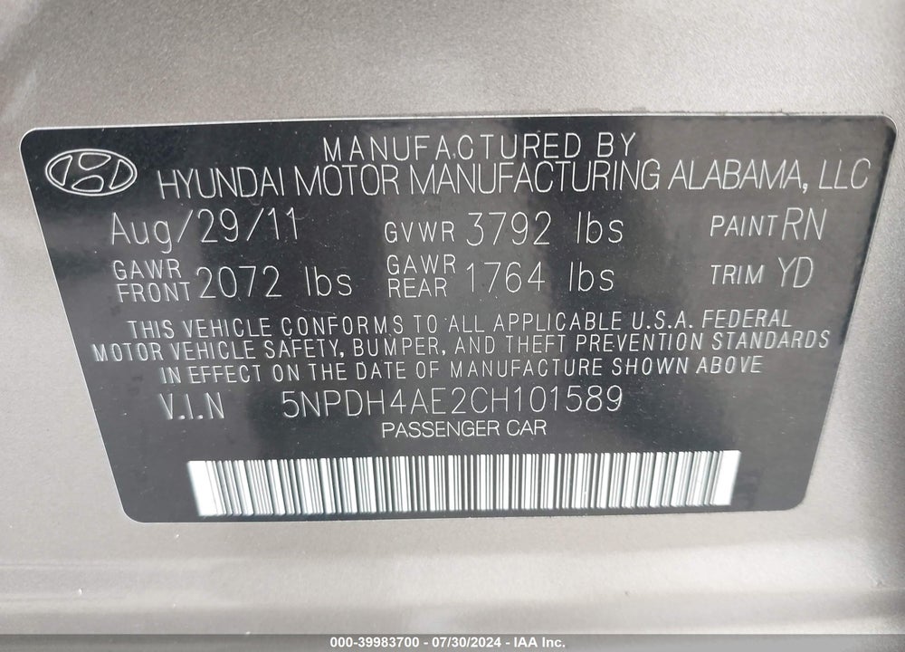 2012 HYUNDAI ELANTRA LIMITED VIN: 5NPDH4AE2CH101589