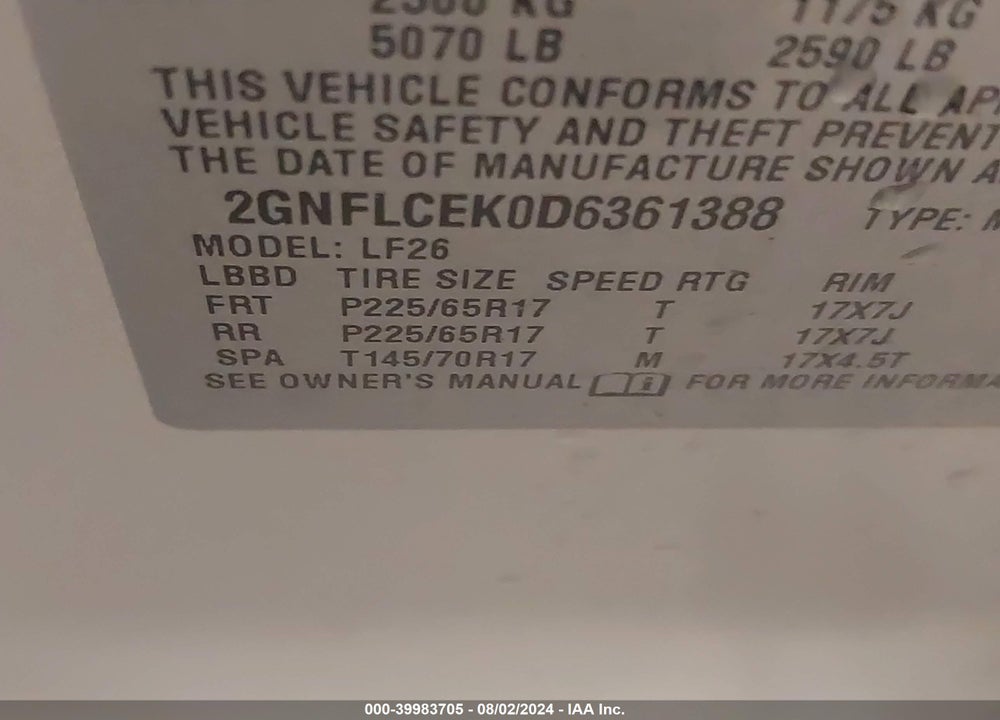 2013 CHEVROLET EQUINOX LS VIN: 2GNFLCEK0D6361388