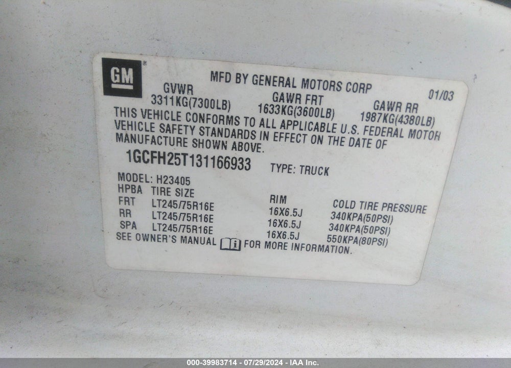 2003 CHEVROLET EXPRESS VIN: 1GCFH25T131166933