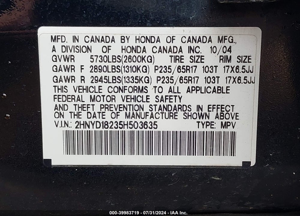 2005 ACURA MDX VIN: 2HNYD18235H503635