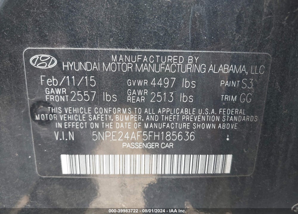 2015 HYUNDAI SONATA SE VIN: 5NPE24AF5FH185636