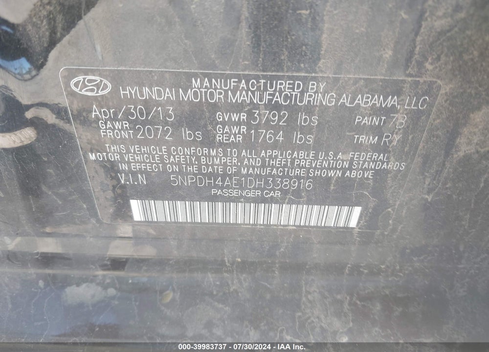 2013 HYUNDAI ELANTRA LIMITED VIN: 5NPDH4AE1DH338916