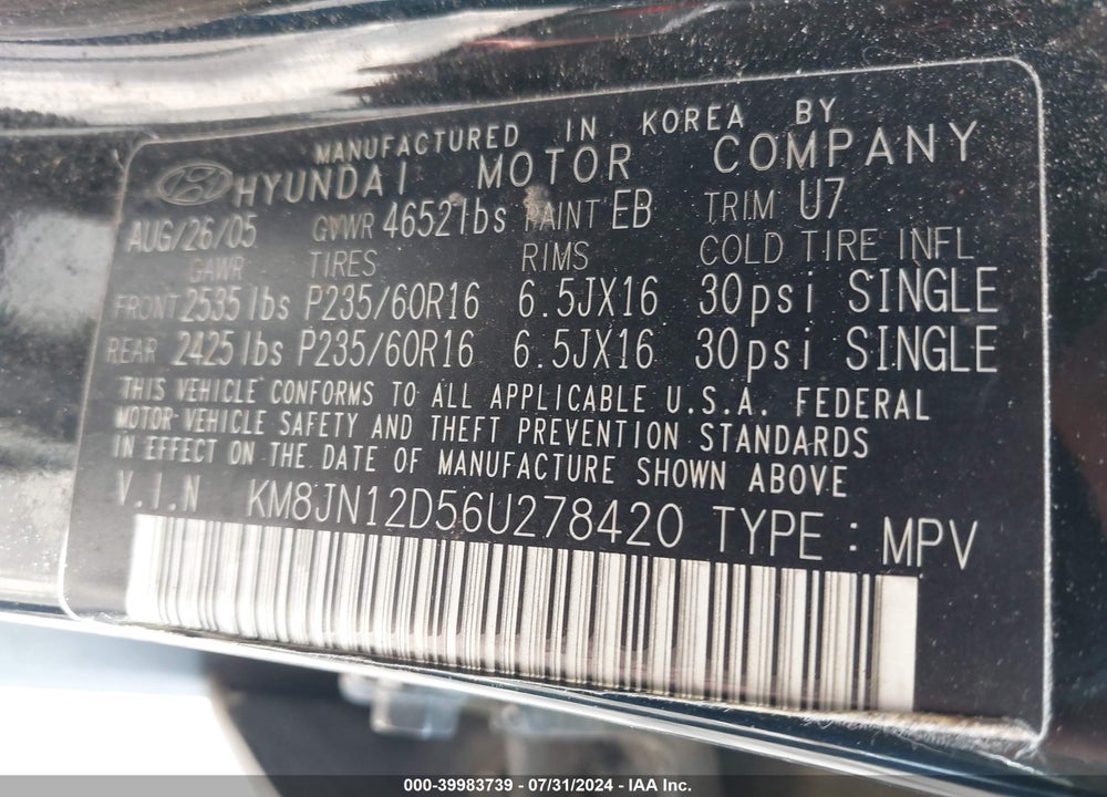 2006 HYUNDAI TUCSON GLS/LIMITED VIN: KM8JN12D56U278420