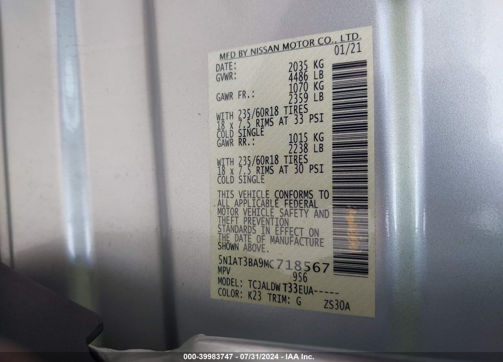 2021 NISSAN ROGUE SV FWD VIN: 5N1AT3BA9MC718567