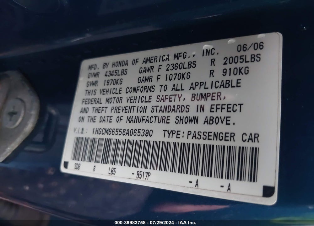 2006 HONDA ACCORD VIN: 1HGCM66556A065390